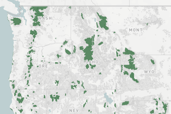 Map of USA Pacific Northwest, showing  as green-colored polygons.