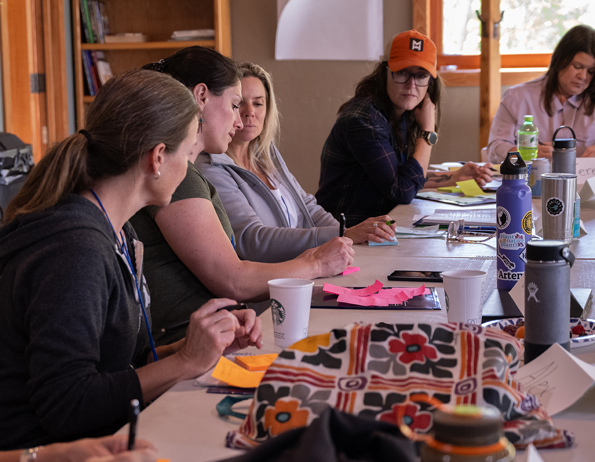 Group of women sitting around a table confer together.